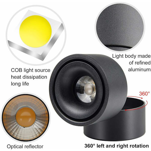 Justerbar Overflademonteret Spotlight 7W LED Loftlamper Loftlampe Justerbar Vinkel Vægslampe, COB, 360° Drejelig Kold Hvid 6000k, Sort