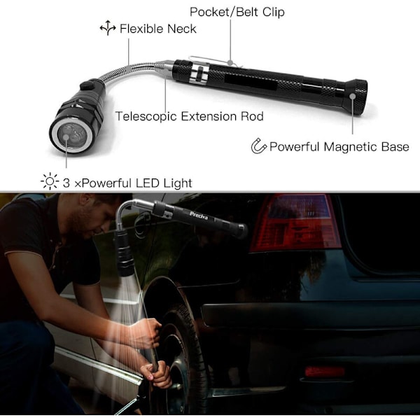 Inspektions Spejl, 5 stk Magnetiske Teleskopiske Optagelsesværktøjer, Udvidbart Værktøjssæt med LED-lys, Inkluderer 15lb/1lb/Rundt/Firkantet Inspektions Spejl/Piv