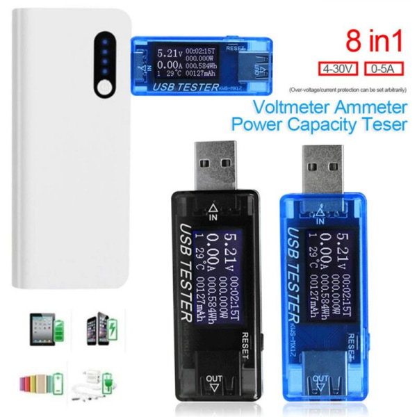 USB-tester DC-strømmåler 4V-30V Digital Voltmeter Voltmeter Power Bank Wattmeter Spændingstester Doktor Detektor, Sort