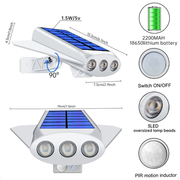 Solcelledrevet vegglampe for hage, utendørs, vanntett solcelle-LED-lampe med bevegelsessensor, 2200 mAh, 2 moduser, sikkerhet for gårdsplass, varmt hvitt skall