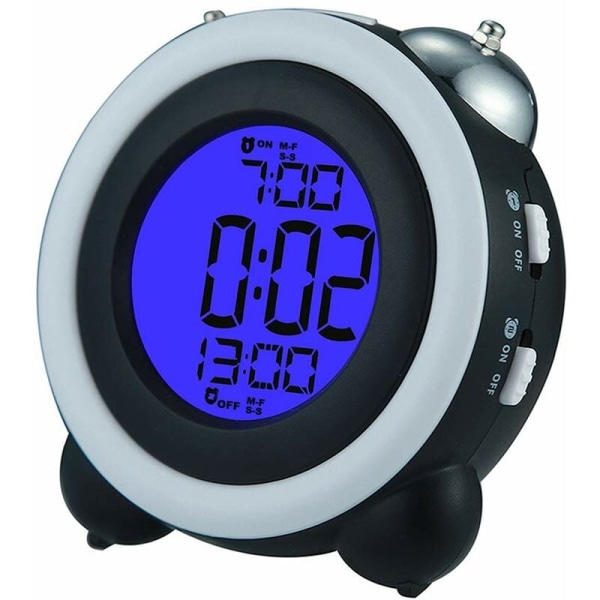 4 tommer dobbelt klokke alarmur digitalt alarmur højt LED dato/tidsvisning, 2 sæt alarmure, lyseblå sort