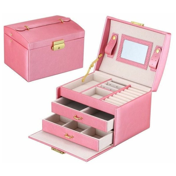 Jewelry Box, Jewelry Box Makeup Box Jewelry and Cosmetic Beauty Case 3 Layers in Faux Leather with 2 Drawers, Mirror and Lock 17.5x14x13cm（watermelo