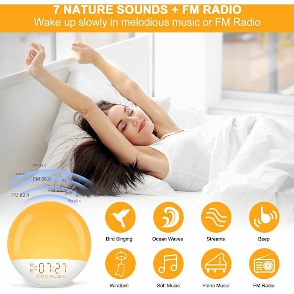 Lasten herätyskello auringonnousun ja -laskun simulaatiolla, kirkas herätyskello radiolla, 2 herätystä, torkku, 7 luonnonääntä, FM-radio, tunnelmavalaistus