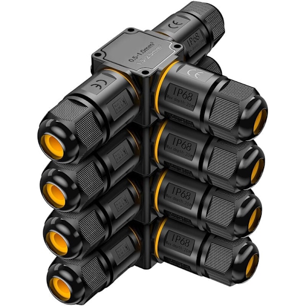 4 stk IP68 Vanntette Kabelkontakter - 3-veis Forgreningsboks 3-leders Vanntett Kontakt - Utendørs Hagetilkobling - 6-11 mm Kabelgren - Vanntett