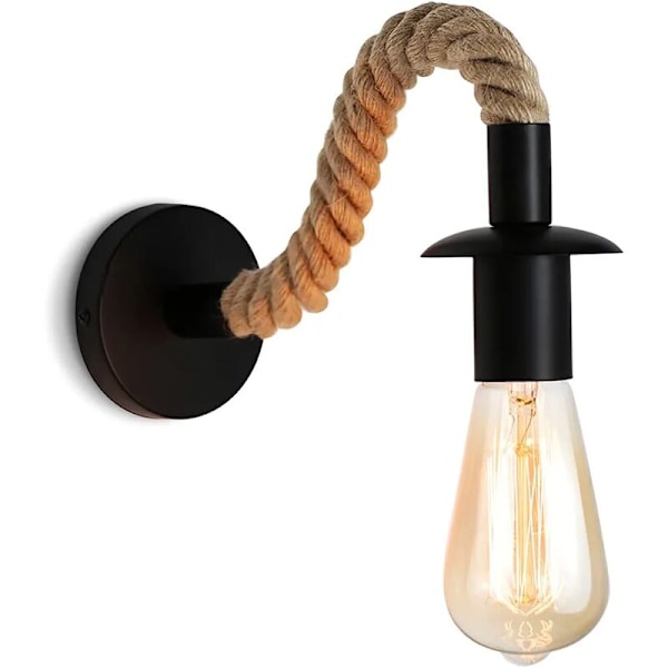 Vintage Hemp Tauvegglampe Industriell Vegglampe Ideell for Loft Gang eller Soverom (Svart)