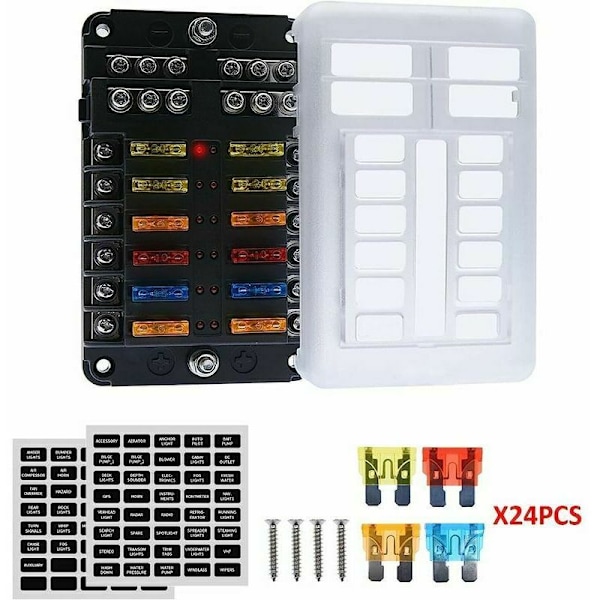 6/12-vägs 12V Säkringsbox, Säkringshållare Bladssäkringsblock med 16 Säkringar 6 LED-indikatorer Skyddande Lock för 12V/24V Bil Båt Marin Lastbil SUV (12-vägs)