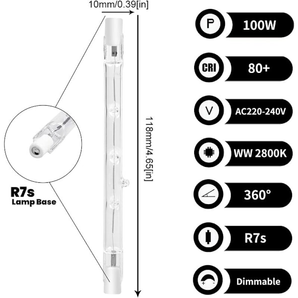 100W 118mm R7s Dimbar Halogen Pære Varmt Hvit 2800K r7s Lineær 1500lm Spotlight AC220-240V for Hjembelysning, Arbeid, Sikkerhet, Gulvlampe, e