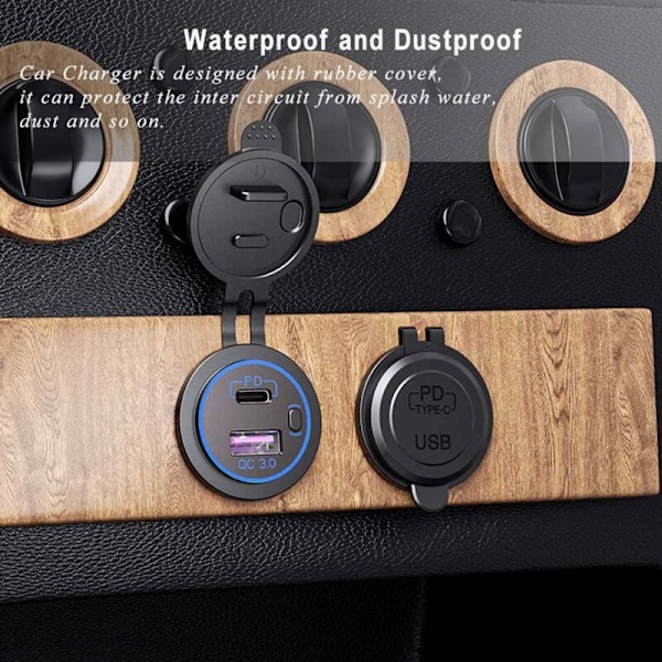 4X USB PD Type C & QC 3.0 Biloplader 12V Stikkontakt med Tænd/Sluk-knap