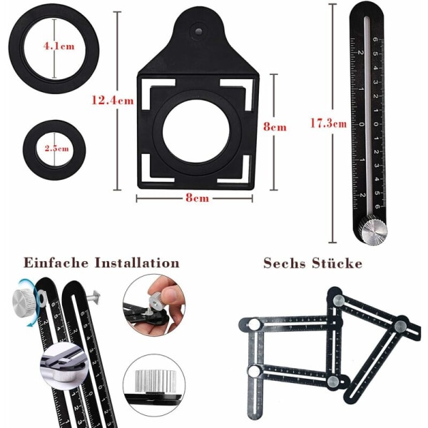 Monipuolinen kulmamitta, jossa paikannusreikä, 6-puolinen alumiiniseoskulmamitta, mallinmittaustyökalu, musta