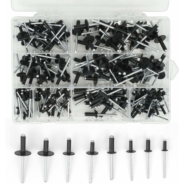 200 stk. aluminium blindpopnitter, 3,2 x 8 mm, 3,2 x 10 mm, 4 x 10 mm, 4 x 14 mm, 4,8 x 14 mm, 4,8 x 18 mm, 8 størrelser sort popnittesortimentssæt til