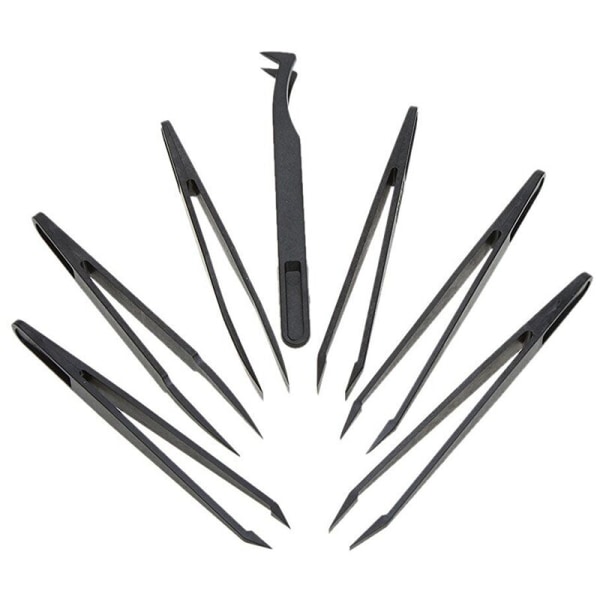 7 stk. sort plast antistatisk flad bund top ende pincet håndværktøjssæt