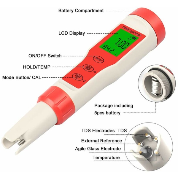 Digital pH-mätare, 0,01 upplösning 0-14pH 4 i 1 TDS EC temperaturmätare, vattenkvalitetstestare med bakgrundsbelyst LCD, automatisk kalibrering, test