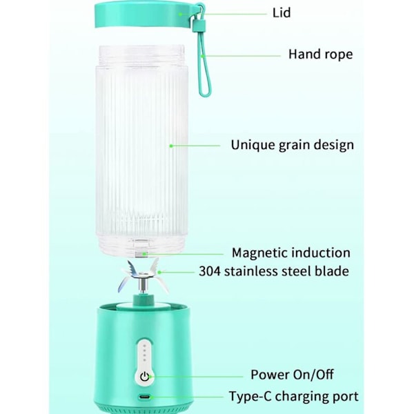 Bärbar Blender, Personlig Storlek för Smoothies och Shakes Juice 16 Oz USB Laddningsbara Blendrar Svart