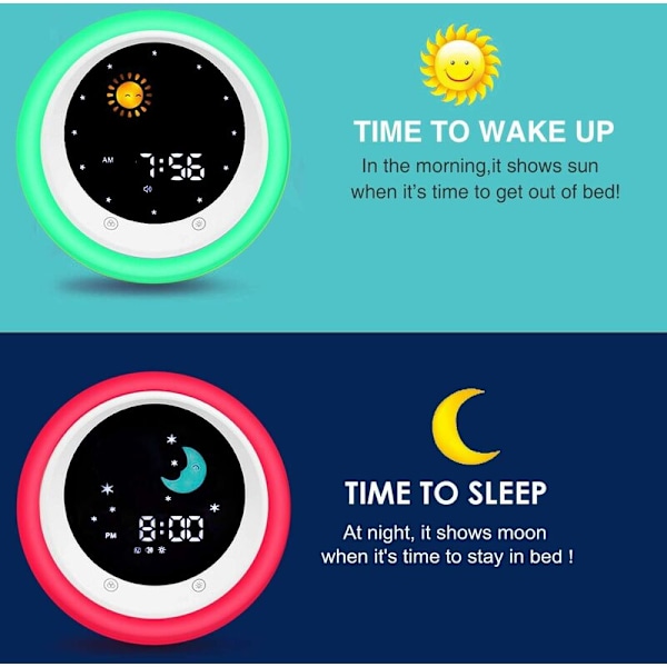 Lasten herätyskello, Unen koulutus herätyskello lapsille, kuun ja auringon näytöllä, yövalolla, herätyskellolla ja integroidulla unen edistävällä äänellä