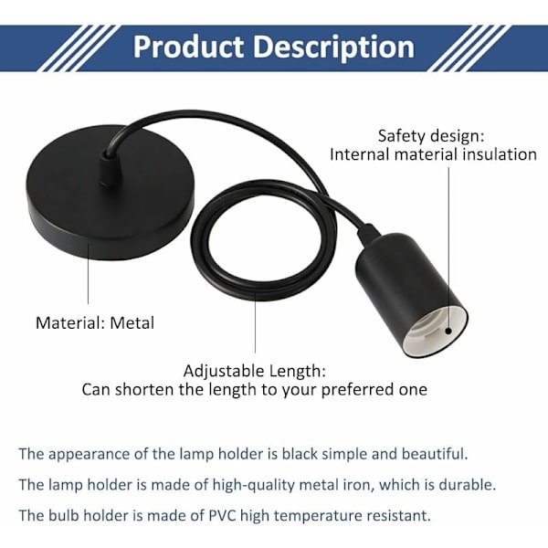Sett med 2 metallhengelamper, justerbar kabel 100cm, E27 pendelbase, E27 pendeltilbehør, egnet for stue, soverom, kjøkkentak