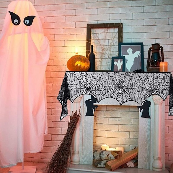 18 x 96 tum Halloween spets spindelnät eldstad mantel och 40 tum spets spindelnät bordsduk, 2 stycken