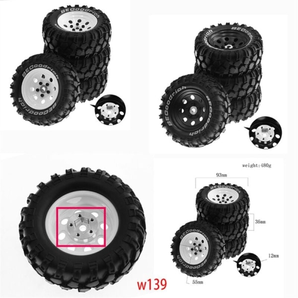 4 st 1,9 tum metallfälg gummidäck för 1/10 RC Crawler TRX4 SCX10 D90 4103 90046 FR4 FMS NT4-Vit