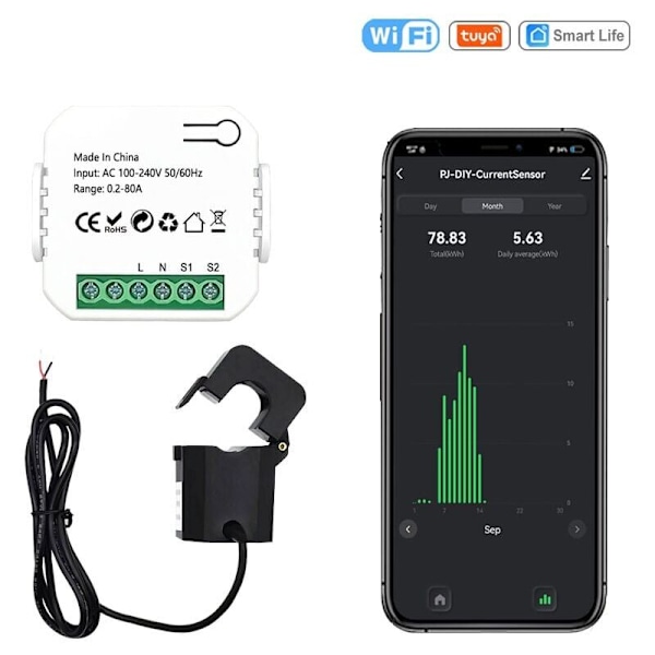 Smart Energy Switch Mete Wifi Energimåler Tuya Smart Life 80A Med Strømstransformatorklemme Kw..