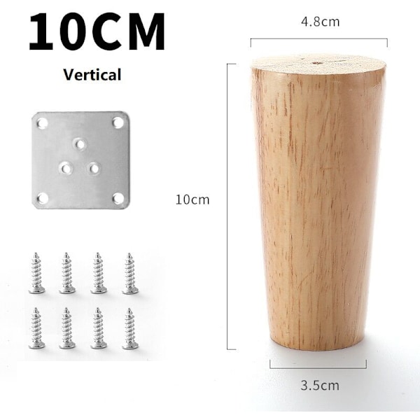 10cm Träbordben Set om 4 Koniska Sneda Massiva Trä Möbelben med Monteringsplattor och Skruvar för Soffa Säng Skåp Soffa Stol (Vertikal)