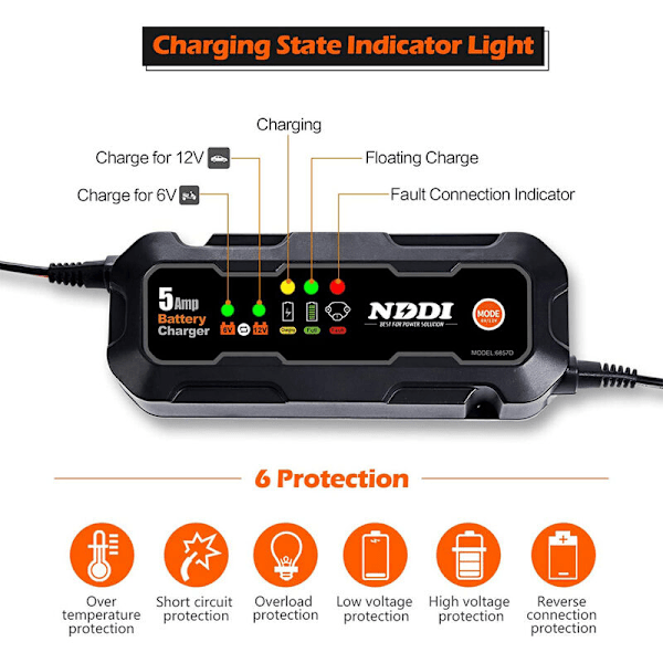 5A intelligent automatisk oplader, 6V og 12V batterioplader, batterivedligeholdelse, drypladning og desulfator med temperaturkompensation