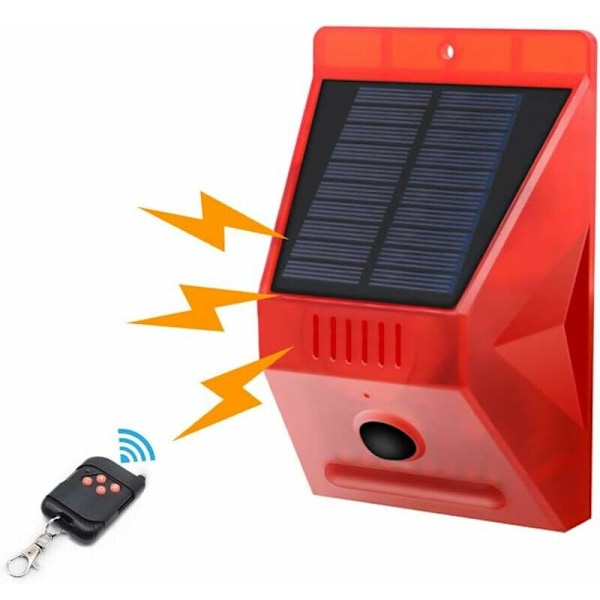 Solcellsstrobe med rörelsesensor IP65 Vattentät LED Solcellslarmdetektor med fjärrkontroll, Vattentät 129dB Ljudsäkerhetssiren för hem,