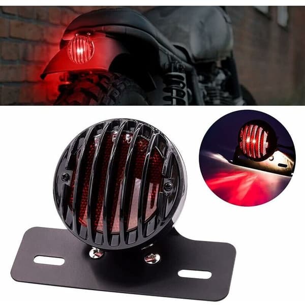 Rundt sort baglygte til motorcykel - med nummerpladeholder, 12V,