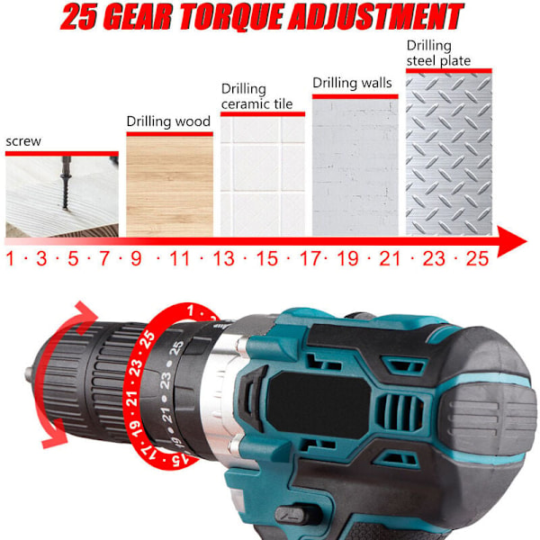 18V trådløs skruemaskine med batterier, 27-450Nm bore-/skruemaskine, 25+3 momentindstillinger, 2 hastigheder, LED, til gør-det-selv, blå og sort