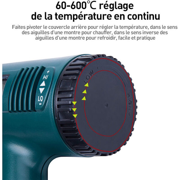 Lämpöpistooli, kuumailmapistooli 1800W LCD digitaalinen näyttö lämpötila 60 - 600 astetta Celsiusta nopea lämmitys, ilmavirtaus 300 - 550L / min + 4 suutinta