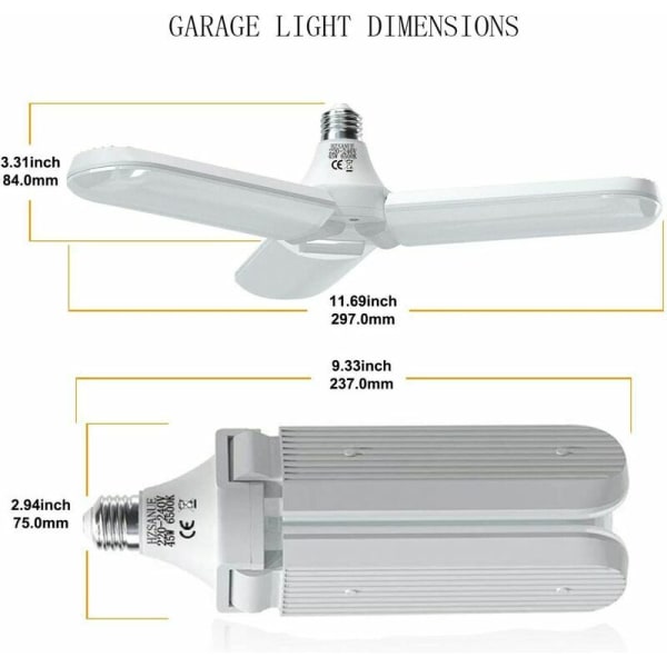 Garasjelampe E27 45W, Kaldt hvitt 6500K 4000Lm Deformerbar verkstedlampe med 3 justerbare paneler, LED-takbelysning, for garasjer, lager, treningsstudioer