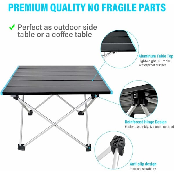 Lättvikts Aluminium Bärbar Campingbord, Lätt att Bära, Perfekt för Camping, Picknick, Kök, Trädgård, Vandring (Svart+Blå, 40x34.5x29.5cm)