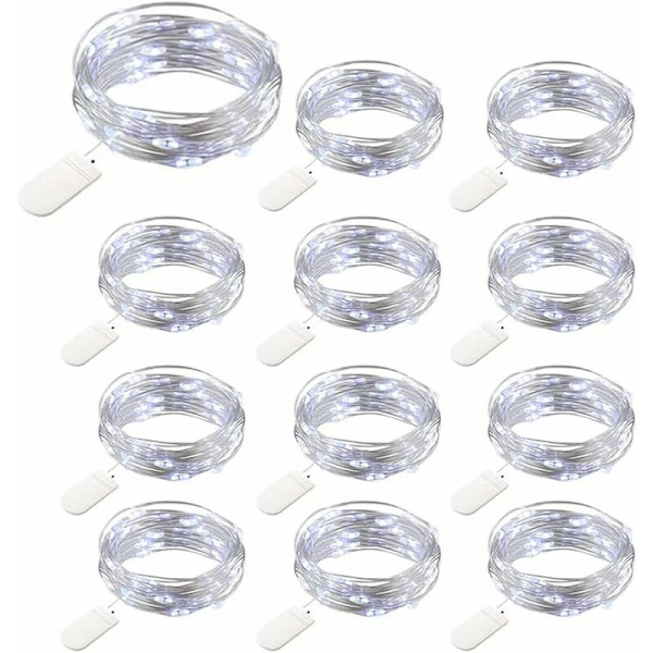12 Pack Batteridrivna Fe-Ljus, 20 LED 2M Koppar Fe-Ljus, IP65 Vattentät Silvertråd Kalla Vita Atmosfärsljus för Julfest