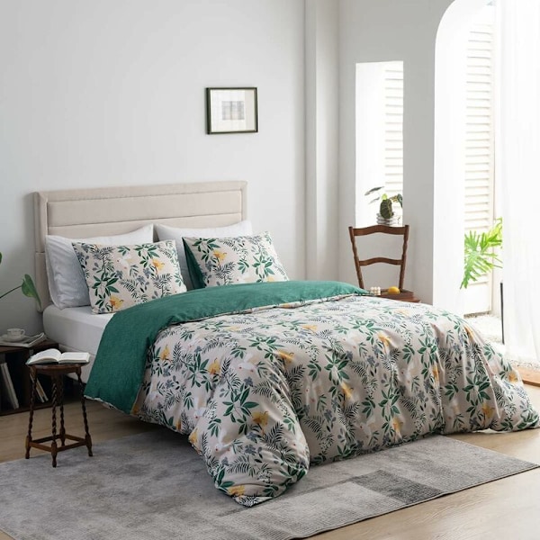 Påslakan 240*260cm Beige Grön Bladmönster Floral Botanisk Sängkläder Set med Dragkedja - Vuxen Dubbelsidigt Sängkläder Set med 2 Örngott 50*75cm