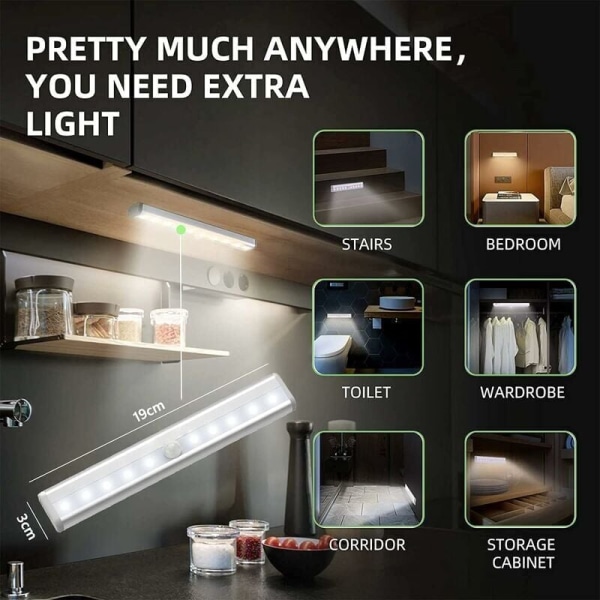 2-pack trådlös LED-remsa för garderob, trappor, kök, automatisk nattlampa med magnet