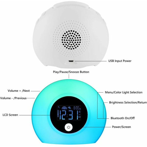 Barnens Luminous Väckarklocka med Digitalt Ljus, Bärbar Sänglampa, Bluetooth, 5 Sorter Blinkande Ljus, Smart LED, Induktion, Tyst Alarm