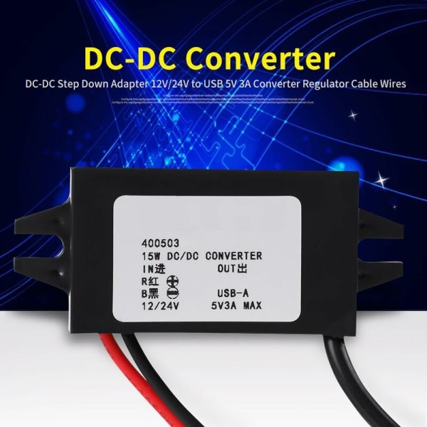 DC-DC Step Down Adapter 12V/24V til USB 5V 3A Konverter Vanntett Konverterkabel Konvertere