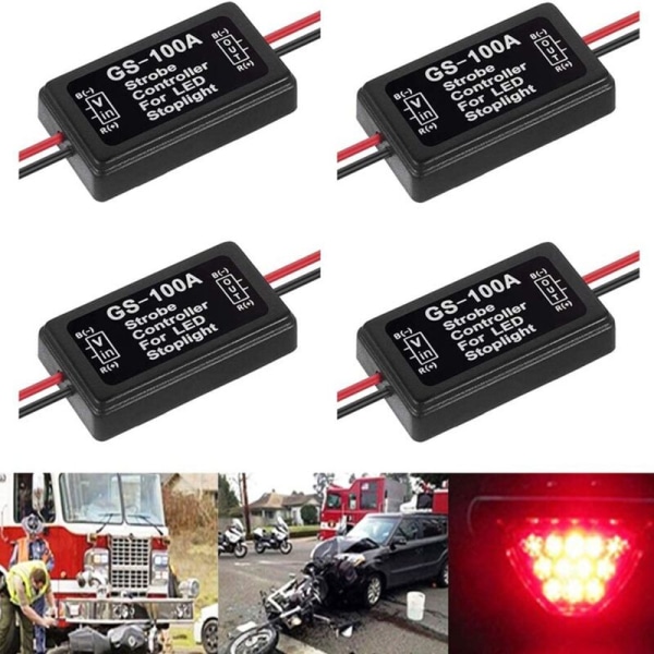 GS-100A Bromsljus Blinkers Modul, DC 12-24V 2A 24W Hög Broms Controller Bakljus Säkerhets Prompt Controller 4 st