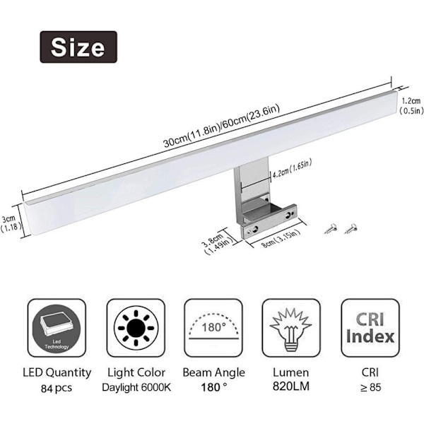 Badeværelsesspejllampe 6W 30cm 400lm, LED-skablys Kold Hvid 6000K, IP44 Vandafvisende Badeværelsesspejllampe (300mm) - RWBadeværelsesvæglampe