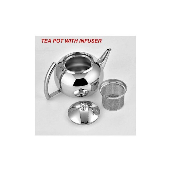 Pärl TeKanna i Rostfritt Stål 2 Liter Tjockad Kanne med Infuser för Lösa Teblad, Perfekt för Restaurang och Hotellbruk.