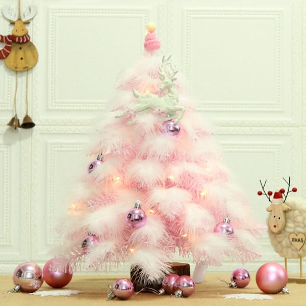 Mini Rosa Kunstig Juletre med LED-lys og Glitterkuler, for Juletre, Bryllupsdekorasjon (Fjærrosa) 45cm