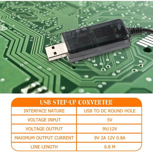 USB Boost-kabel 5V til 9V 12V Justerbar Spændingskonverter 1A Step-Up Volt DC Transformator Regulator med Afbryder og LED Voltmeter Display
