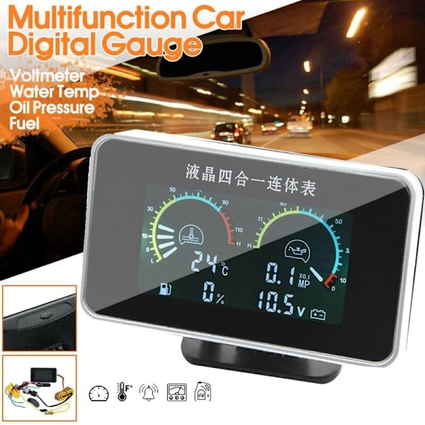 4 i 1 LCD bil multifunktion digital temperatur trykmåler brændstofmåler voltmeter