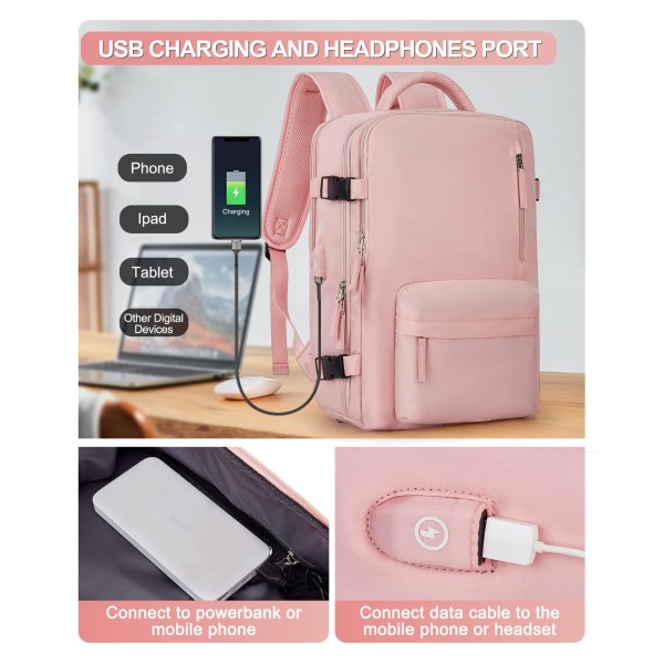 Anti-tyveri vandtæt rejse laptop rygsæk - Boarding Business rejsetaske - USB genopladelig - Pink