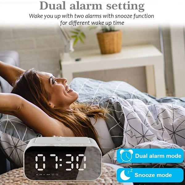 Väckarklocka med trådlös laddning, radio Bluetooth-högtalare med digital hemklocka med USB-port, stor spegel LED-display