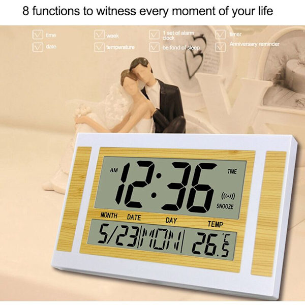 LCD Digital Väggklocka Stora Siffror Tid Temperatur Kalender Alarm Bordsklocka Modern Design Kontor Silver