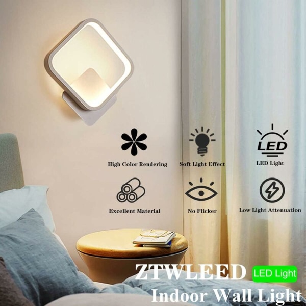 12W LED innendørs vegglampe, hvit firkantet design vegglampe, varm hvit naturlig hvit kald hvit tre lysmoduser, RA≥85 vegglampe for soverom Liv