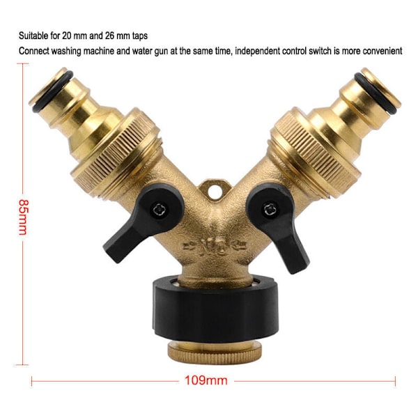 Vanninnløpsslange Y-kobling (2-veis for innløpsslange, 26,9 mm (3/4\") messing, Y-manifold), kompatibel med hageslangesystem 1/2 tommer