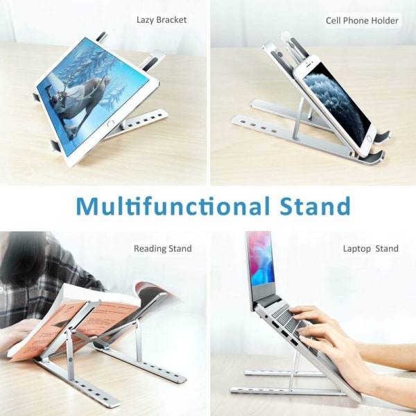 Bærbar computer stand, foldbar bærbar computer stand til at hæve 6 justerbare vinkler, skridsikker ventileret aluminiumsstand kompatibel med bærbar computer, tablet - Longziming sølv