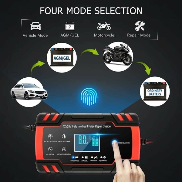 12V/24V 8A Intelligent Batterilader, Batterilader Vedligeholdelse og Automatisk Reparation Bærbar Funktion med LCD-skærm, til Bil Motorcykel Lastbil