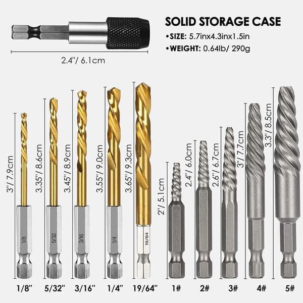 Skruetrekkersats, 11 deler Easy Out Bolt Extractor Set, Reverse Drill Bit Extractor Set for Removing Broken Screws