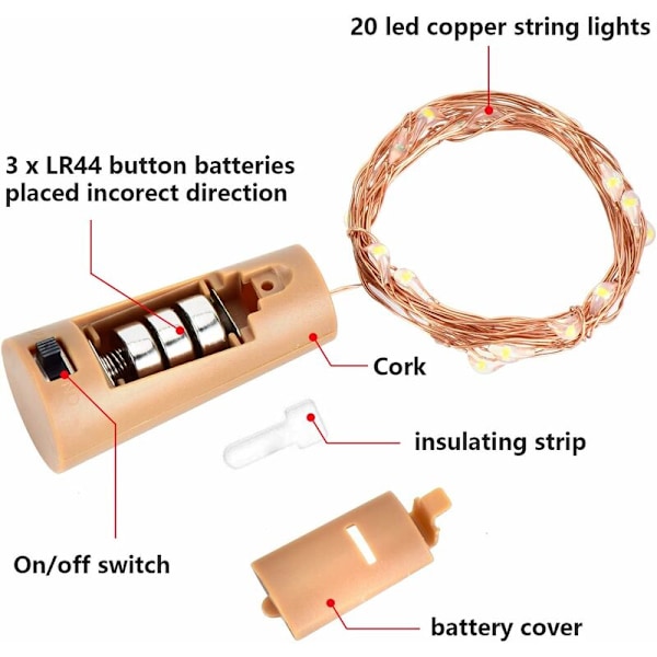 LED-flaska ljus 12 stycken, 20 LED-lampor 100 cm varmvit ljussträng koppartråd batteridriven vinflaska lampor med korkgirland för DIY-fest